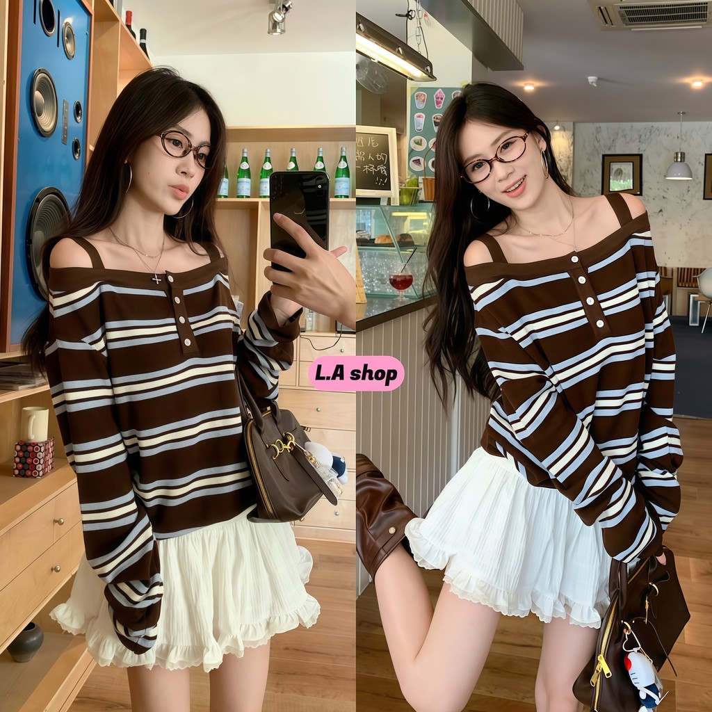 L.A Shop★เสื้อคุณภาพดี มาใหม่ เสื้อแขนยาว เสื้อปาดไหล่  ลายแถบสีน้ำตาล สไตล์เกาหลี  FY5088-0