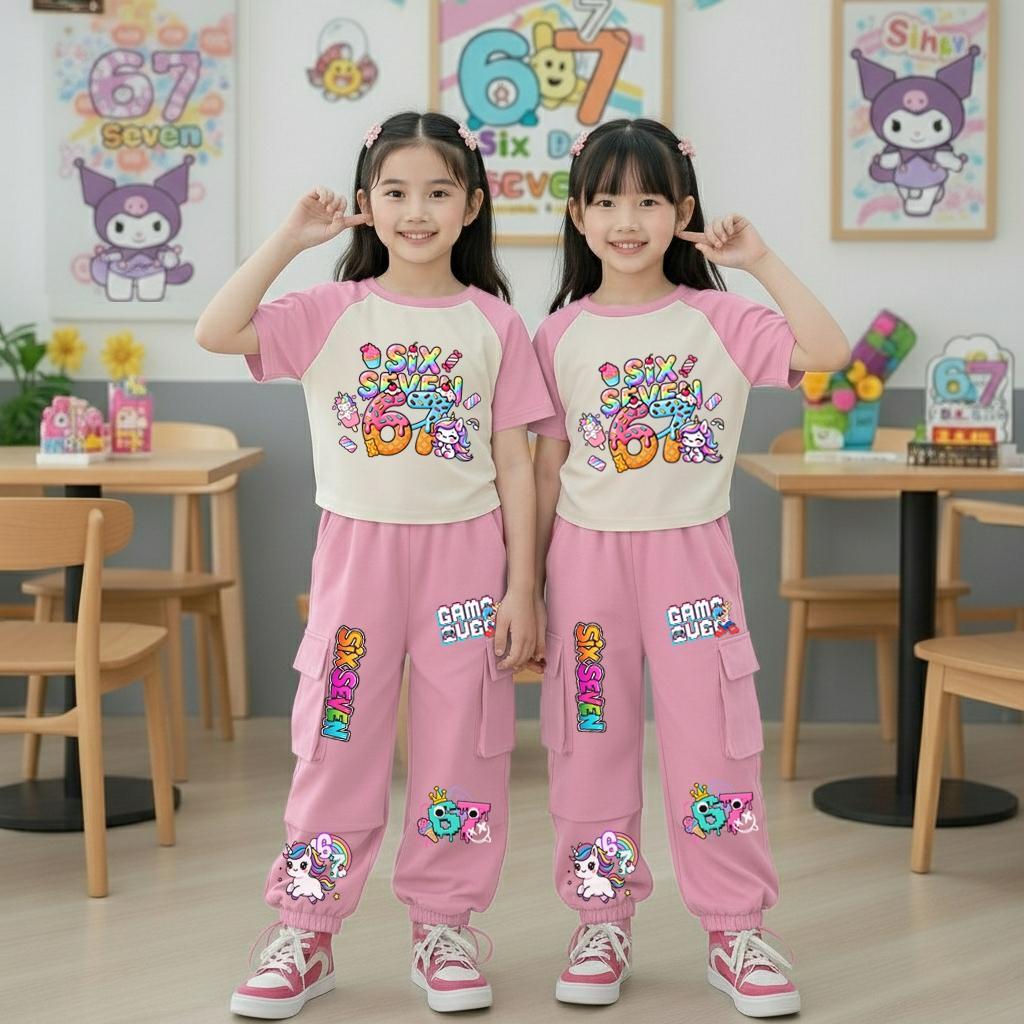 PINKชุดเซ็ทเด็ก2ชิ้นลายSix seven 67 เสื้อยืดลายการ์ตูน+กางเกงคาร์โก้ สไตล์เกาหลี 9471