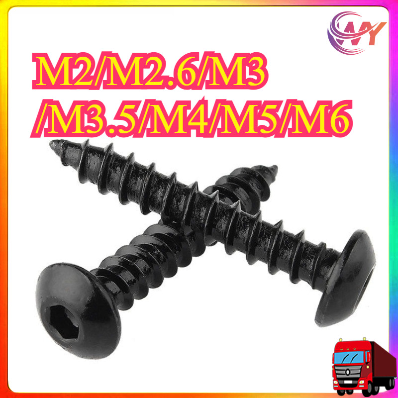 สีดําเกรด 8 หัวกลมสกรูหกเหลี่ยมหัวกระทะสกรูแตะตัวเองหัวกลมครึ่ง M2/M2.6/M3/M3.5/M4/M5/M6 * L6-50 มม.