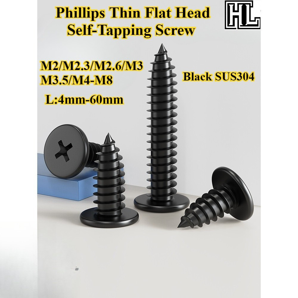 [HL-ZGLS] สกรูแตะตัวเองหัวแบนบางแฉกสีดํา SUS304 M2/M2.3/M2.6/M3/M3.5/M4-M8 สกรูหางแหลมหัวแบนข้าม ความยาว 4 มม.-60 มม. สกรูไม้ตกแต่ง