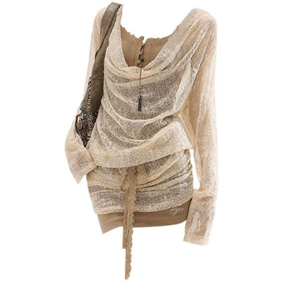 TCH ชุดทีชสไตล์อเมริกันย้อนยุค คอขี้เหร่เสื้อลูกไม้ พร้อมชุดสะโพกสองชิ้น เหมาะสำหรับฤดูใบไม้ผลิถึงฤด