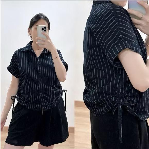 KEMEJA HARA SALUR DENIM SHIRT / เสื้อแจ็คเก็ตยีนส์ลายทางพร้อมปุ่มและเน็คไทด้านข้าง