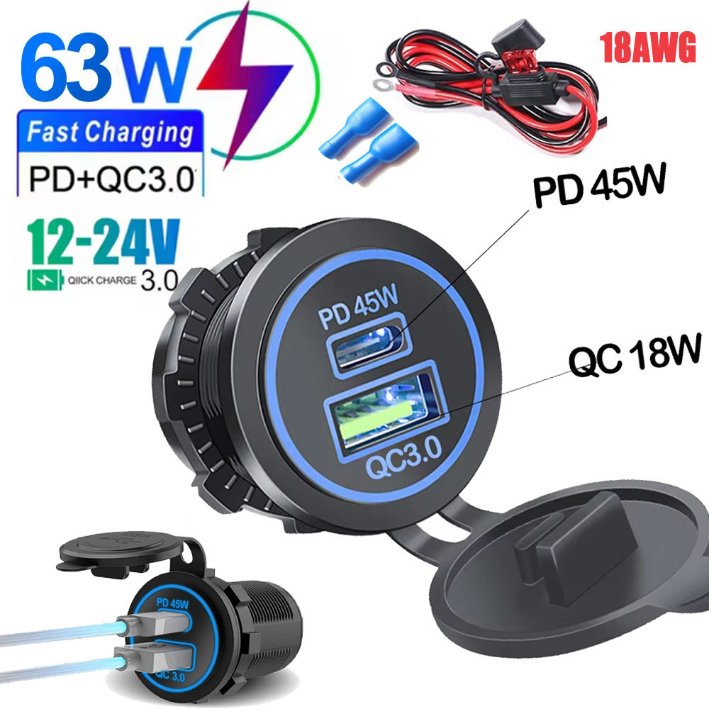 63W Car Charger 12V 24V PD USB Outlet QC 3.0 Fast Charging กันน้ํา USB ซ็อกเก็ตสําหรับรถยนต์รถจักรยา