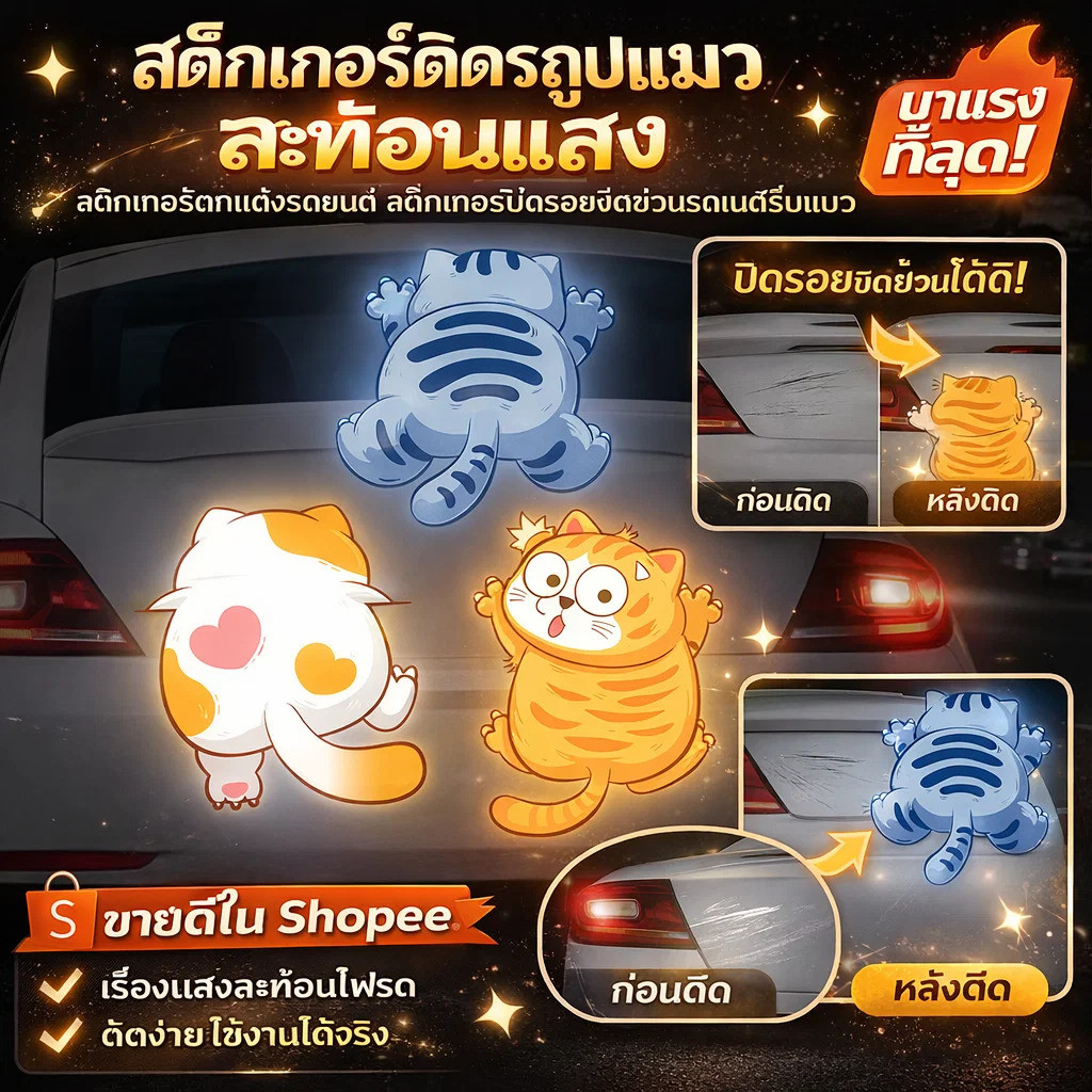 【สะท้อนแสงกลางคืน/3ชิ้น】สติ๊กเกอร์แมวสะท้อนแสง ตกแต่งรถ ป้ายรถ รอยขีดข่วน Cat Stickers/Reflective Stickers/Car Decals/Scratch Cover/Motorcycle Helmet Stickers/Electric Vehicle Accessories/Night Safety