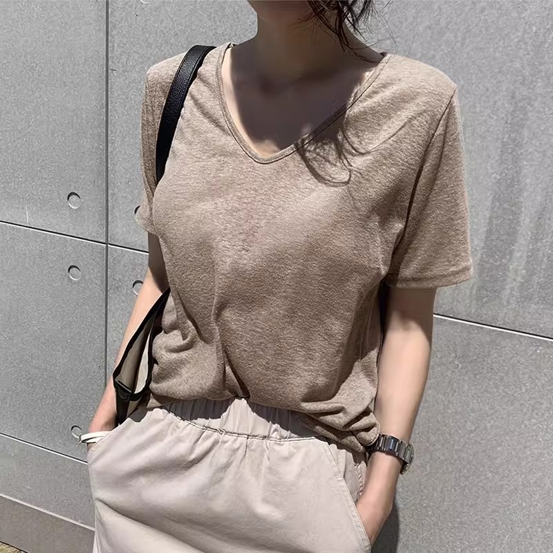 2676 เสื้อยืดแขนสั้นคอวีผ้าฝ้ายผสมลินินลายเกล็ดหิมะสำหรับฤ
