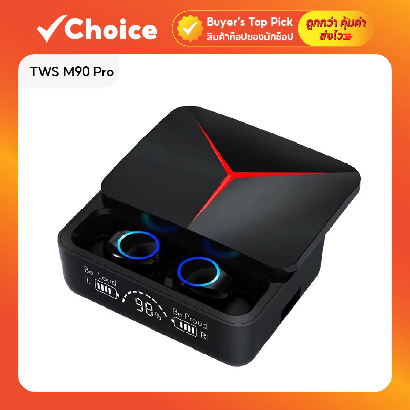 TWS M90 Pro หูฟังบลูทูธ 5.2 ไร้สาย สำหรับเล่นเกม สีดำ พร้อมกล่องชาร์จ 9D สเตอริโอ