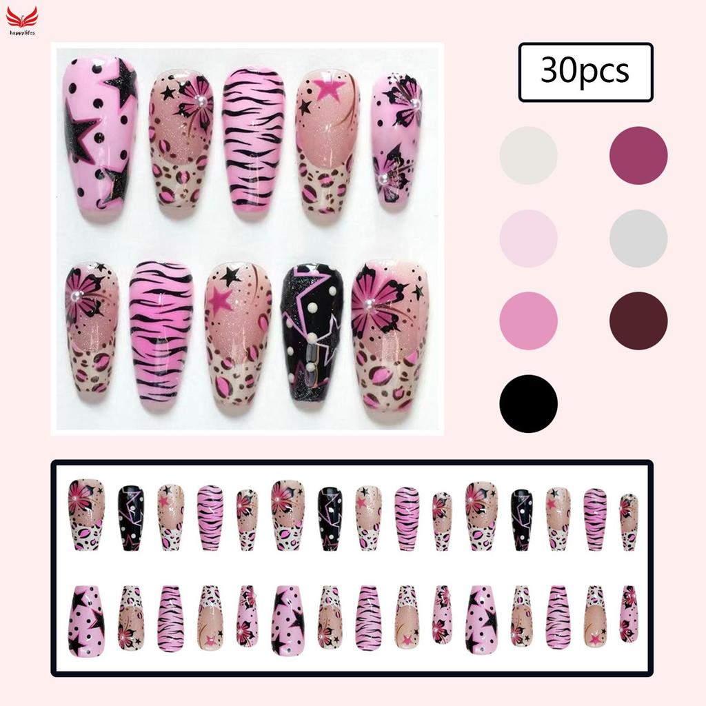 30 ชิ้น Y2K สไตล์เล็บปลอม Star Zebras ดอกไม้พิมพ์ตกแต่ง 3D ไข่มุกตกแต่งเล็บปลอมสําหรับวันหยุดตกแต่งเ