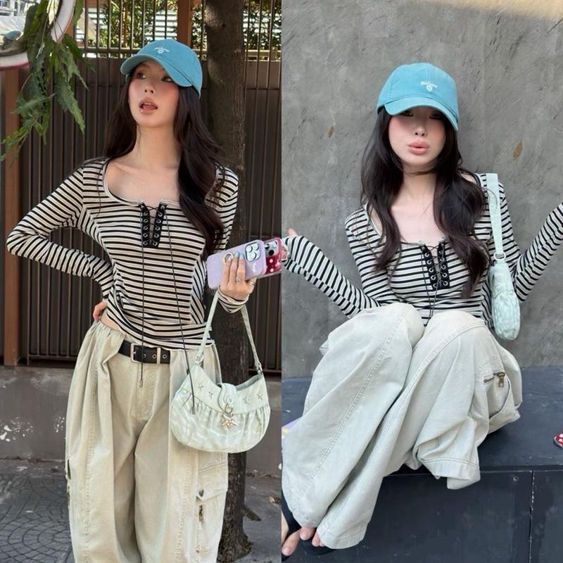 BY0486 เสื้อแขนยาวลายริ้ว แต่งเชือก ตะเข็บเว้าเอว ทรงเข้ารูป benly co