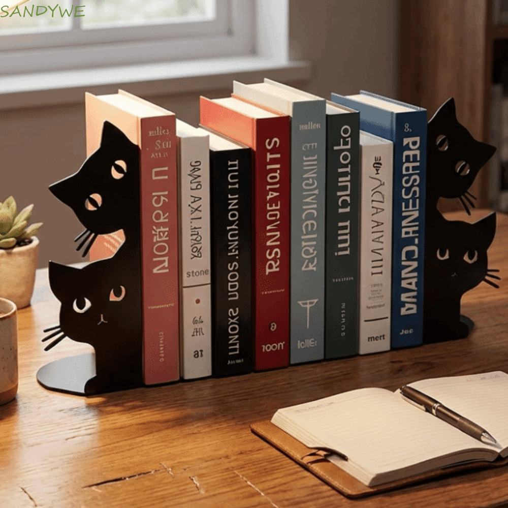 SANDYWE โลหะ Bookend, โลหะสีดําอเนกประสงค์ Cat Bookend, น่ารักนั่งยืนแมวทนทานเหล็กประณีต Creative Book Holder Home Library