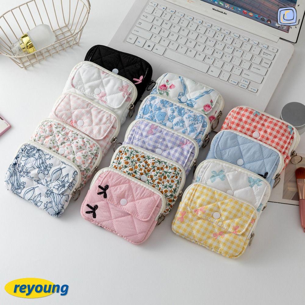 กระเป๋าเก็บของ REYOUNG กระเป๋าใส่เหรียญลายดอกไม้พิมพ์ลายการ์ตูนโบว์กระเป๋าเอกสารความจุขนาดใหญ่