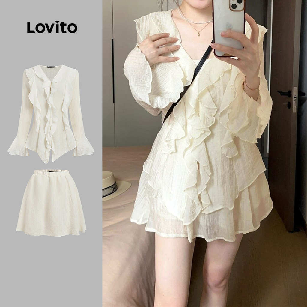 Lovito เสื้อลําลอง นัวเนีย ธรรมดา มีซับใน พร้อมเสื้อเซฟตี้หรือกระโปรงสําหรับผู้หญิง L61AD100