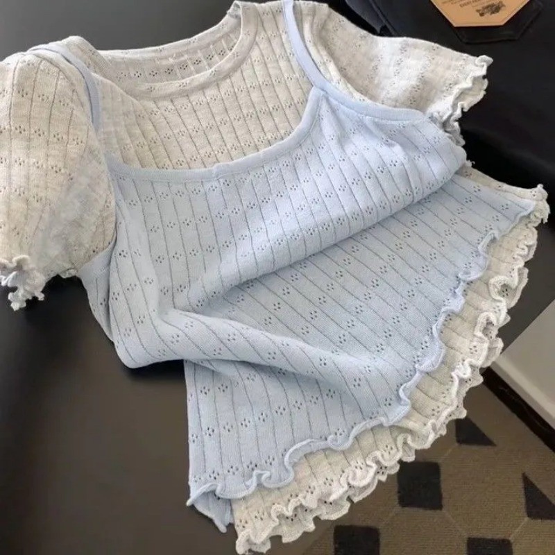 COCO-เสื้อยืดสตรี เสื้อแขนสั้น สี Splicing คอกลม เรียบง่าย น่ารัก แฟชั่นฤดูร้อน