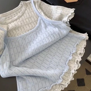 COCO-เสื้อยืดสตรี เสื้อแขนสั้น สี Splicing คอกลม เรียบง่าย น่ารัก แฟชั่นฤดูร้อน