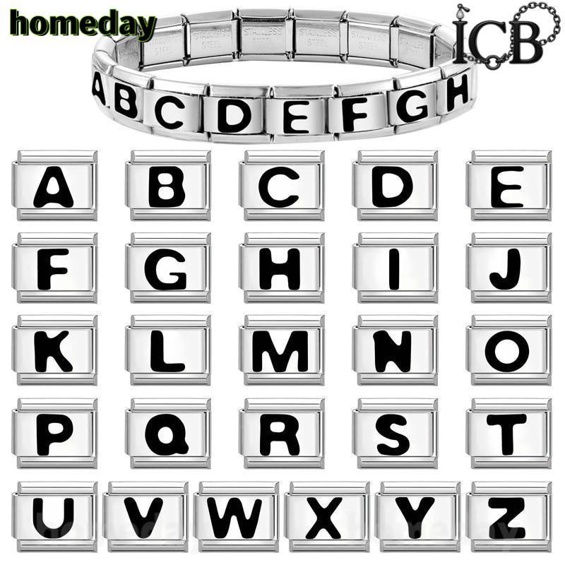 ตัวอักษร AZ ตัวอักษรสีดําอิตาเลี่ยน Charm สร้อยข้อมือ Fit 9 มม.สร้อยข้อมือสแตนเลส DIY เครื่องประดับทําอุปกรณ์เสริม Retro บุคลิกภาพโมดูลสร้อยข้อมือเครื่องประดับ