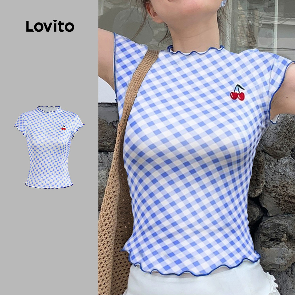Lovito เสื้อยืดลำลองสำหรับผู้หญิง สไตล์คลาสสิก ปักลาย สวมใส่สบาย เหมาะสำหรับฤดูใบไม้ผลิ/ฤดูร้อน สีฟ้