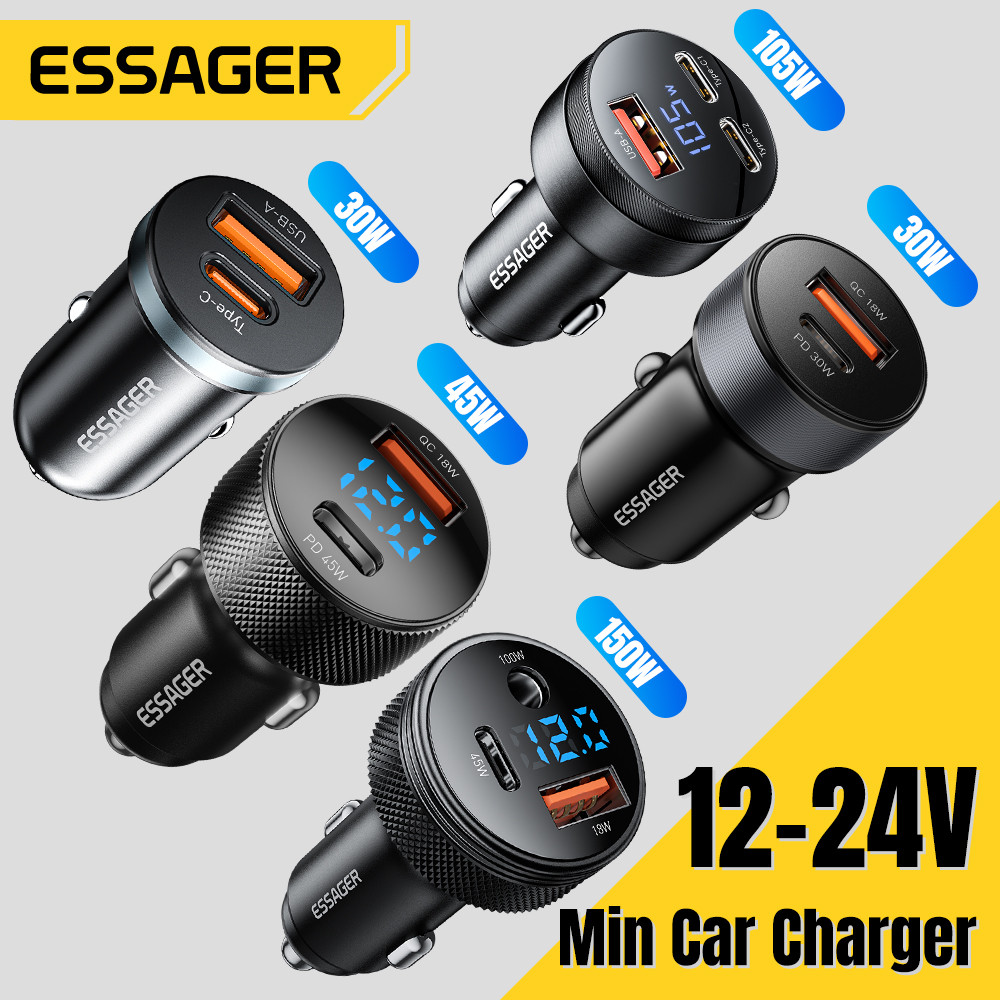 Essager ที่ชาร์จในรถ ชาร์จเร็ว 30W/45W/105W/150W ที่ชาร์จจุดบุหรี่ในรถ ที่ชาร์จมือถือ รองรับกำลังไฟ12-24V Y1-Y5