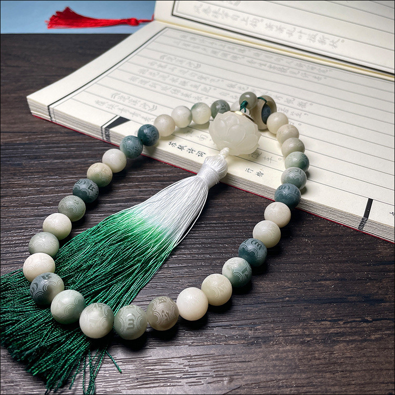 สร้อยข้อมือหยกขาวแกะสลักมือ ตกแต่งลายดอกไม้และตัวอักษร พร้อมพู่ส่องสว่างสำหรับผู้ชายและผู้หญิง ราคา ถูกที่สุด ดีลบีเคเค แกลเลอรีภาพที่ 8