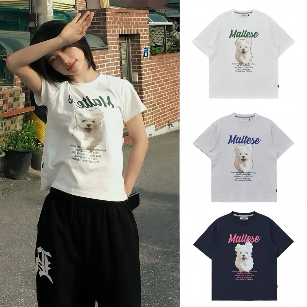 💥🔥จัดส่งฟรี✅waikei เสื้อยืดแขนสั้นหลวม | ลายสุนัขMalteseน่ารัก | หลายสีให้เลือก | สไตล์กลางเกาหลี