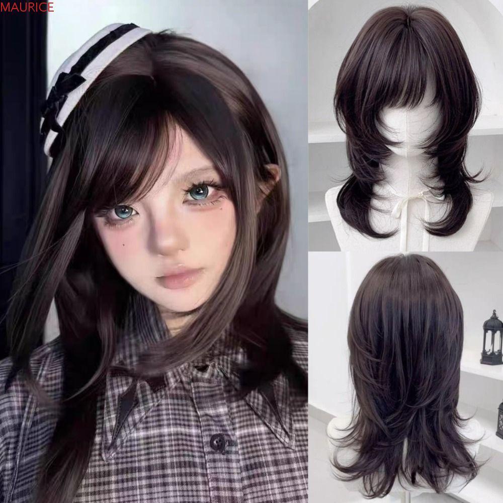 MAURICE แมงกะพรุนวิกผม Bangs, Hairpiece สังเคราะห์ขนาดกลางตรง Layered วิกผม, Full Head ธรรมชาติ Mull