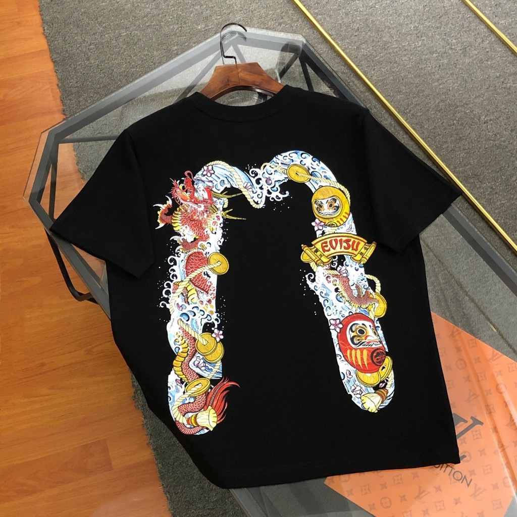 EVISU/God of Fortune 2026 เสื้อยืดแขนสั้นคอกลมสไตล์คู่ผู้ชายออกแบบ High-End Letter Original Design L