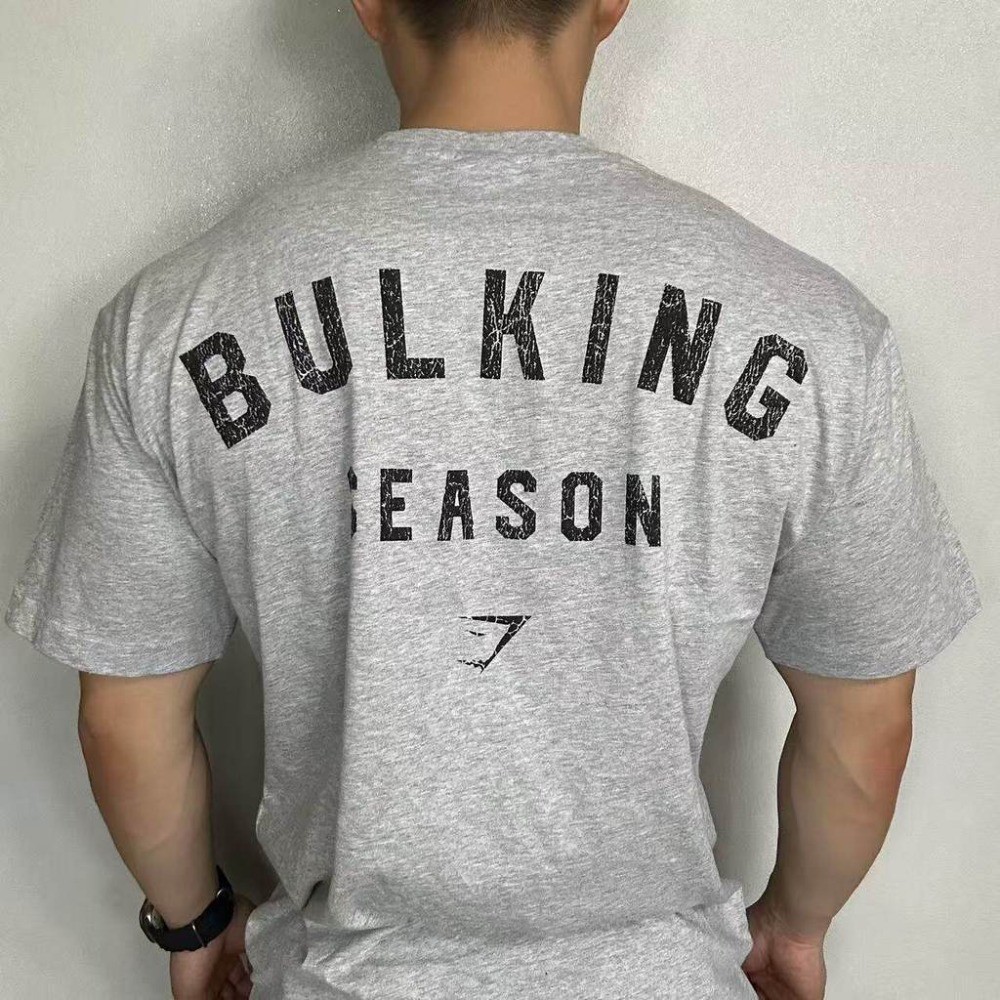 แฟชั่นGYMSHARK Bulkin Letter Print 100% Cotton Crew Neck Fashion Fitness Muscle Building Training Me