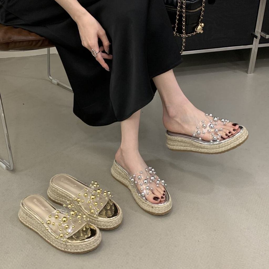 TT Sweet Flip-Flops หญิงฤดูร้อนมัฟฟินส้นลิ่มรองเท้าแตะโปร่งใสรองเท้าแตะ