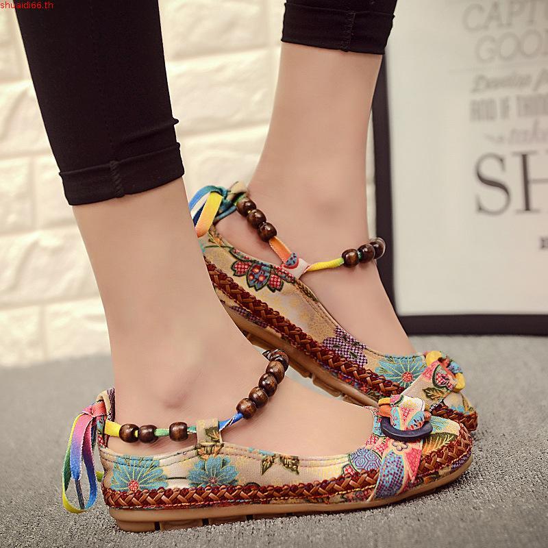 Sh9 ผู้หญิง Lace Up Beading รอบ Toe Flats รองเท้าไม่มีส้น