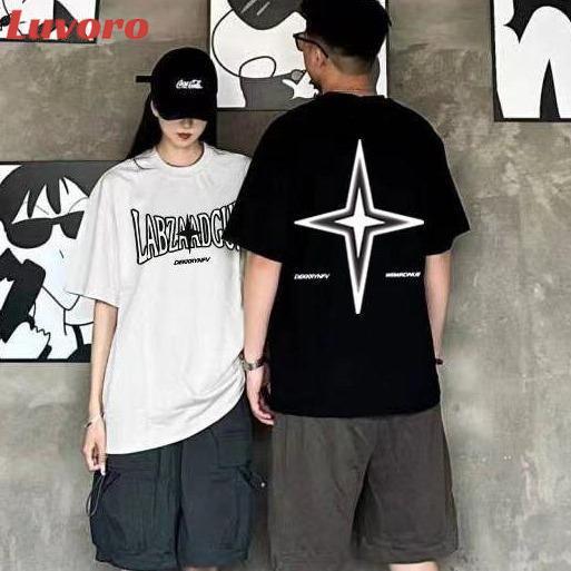 (ผ้าฝ้าย 100%) Luvoro oversize unisex เนื้อผ้านุ่มระบายแขนสั้น  T-shirt สีดำและสีขาว เสื้อยืดทูโทน เสื้อยืดแขนสั้น C109