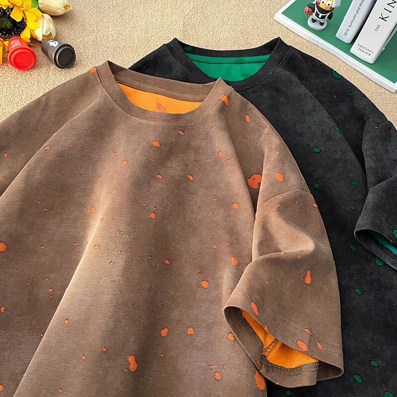 Fashiont Fashiont เสื้อยืดผู้ชาย Ripped เสื้อครึ่งรอบคอหลวมสไตล์อเมริกัน Ruffian แขนสองชิ้น cod แบรน