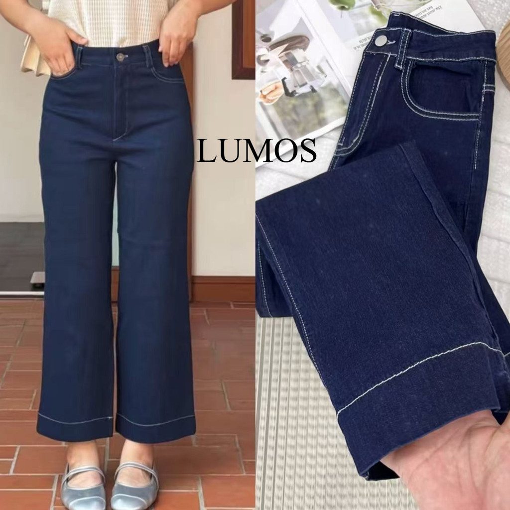กางเกงยีนส์ทรงตรงสีน้ำเงินเข้ม ขนาดใหญ่ เหมาะสำหรับผู้หญิงรูปร่างอวบ เอวสูงกระชับหน้าท้องและยืดหยุ่น