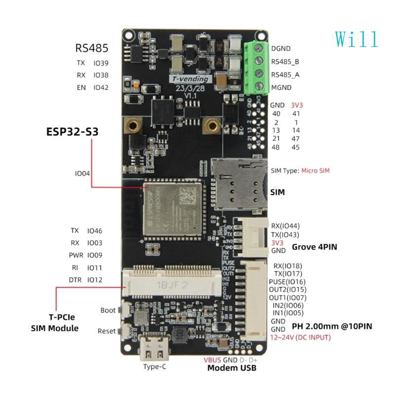 Will T-Vending ESP32-S3 RS485 บอร์ดพัฒนา ESP32-S3-WROOM-1 DualCore XTensa LX7 MCU พอร์ต TTL RS485