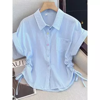 เสื้อเชิ้ตแขนพับกระดุมสีๆ ดีไซน์รุดข้างเก็บเอวทรงสวย แฟชั่นฤดูร้อนสไตล์เกาหลี ผ้าดีงานสวย แมตช์ง่าย-รุ่น99177