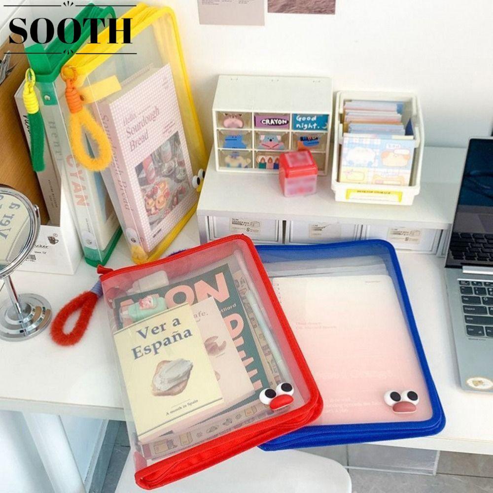 SOOTH Storage Organizer Bag, PP Transparent A4 Zipper File Bag, Cute High-capacity Student Handbag F