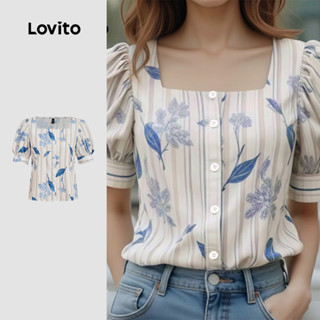 Lovito เสื้อเบลาส์สไตล์โบโฮ กระดุมหน้า สีน้ำเงินเข้ม สำหรับฤ…