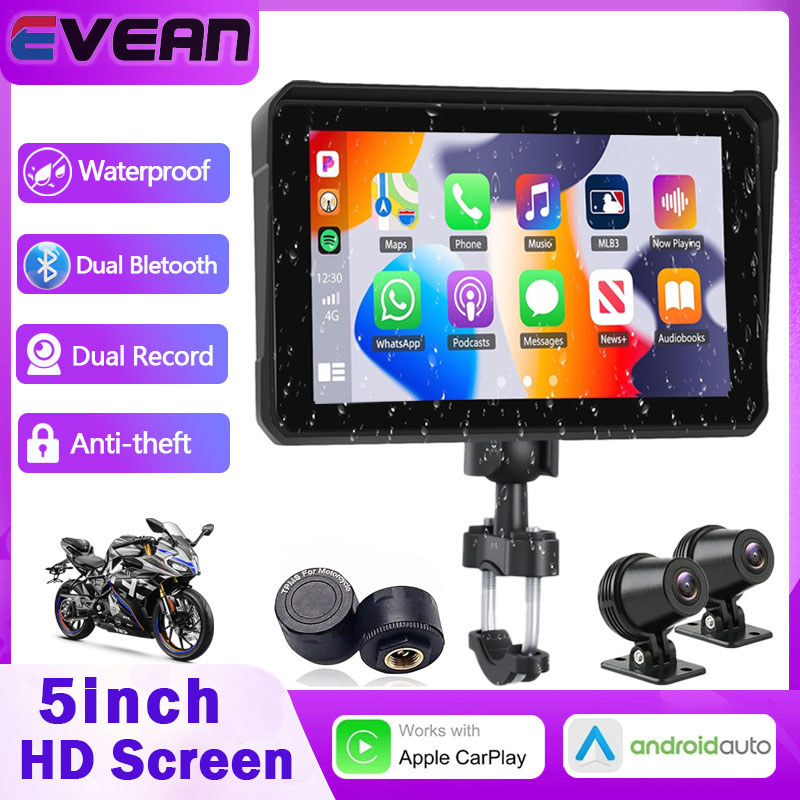 หน้าจอ CarPlay มอเตอร์ไซค์ Evean 5in, กล้อง Dash 1080P คู่, กันน้ํา IP67, หน้าจอสัมผัส