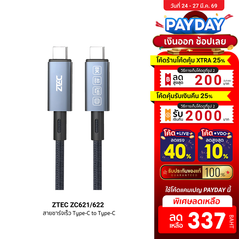 [ลดเหลือ 337] ZTEC ZC621 / ZC622 สายชาร์จไนลอนถัก 240W USB-C to USB-C Thunder 4 / 3 , USB4 รองรับการ