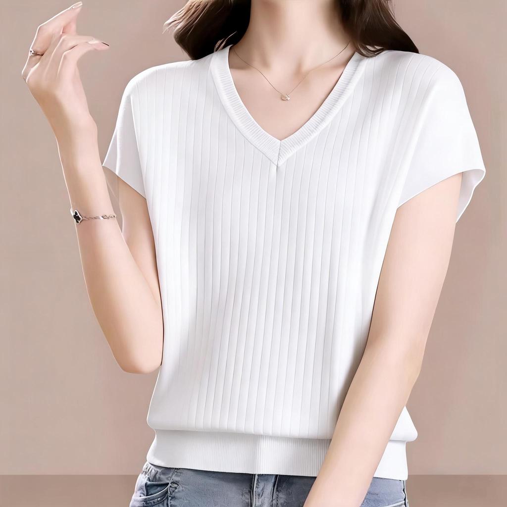 15642 เสื้อแขนสั้นผ้าฝ้ายแท้สำหรับผู้หญิง คอวี ทรงหลวม มีหลายสีให้เลือก