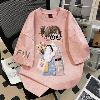 TEE·SHOP🍀เสื้อยืดฟอก เสื้อวินเทจ เสื้อยืด oversize ลาย 'FIN girl' เกาหลี เท่ห์มาก พิมพ์ลาย ผ้านิ่มใส่สบาย S-3XL COD📦