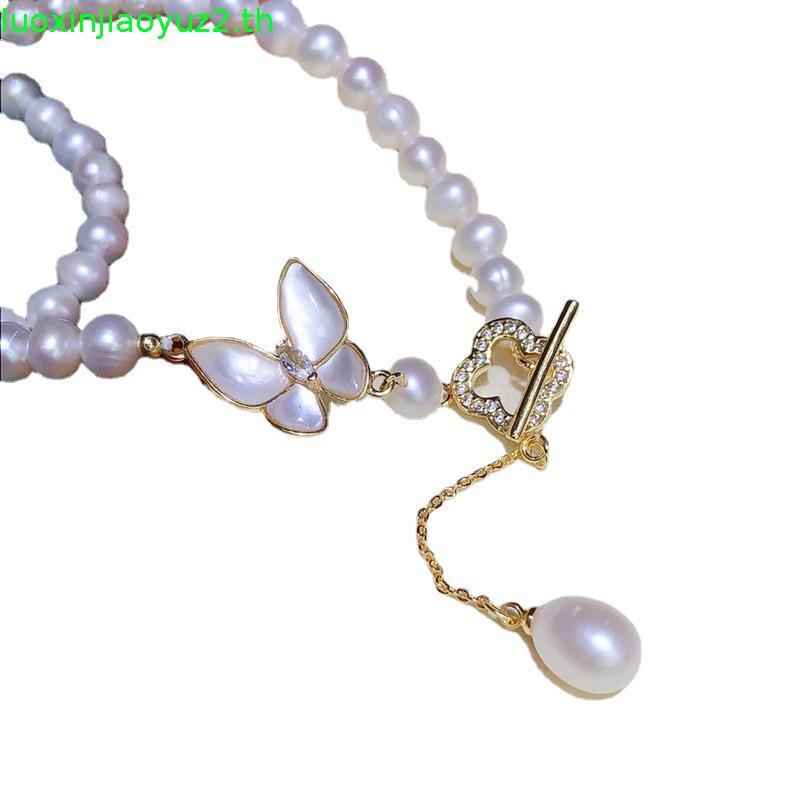 6-7 มม. สร้อยคอมุกน้ําจืดธรรมชาติวินเทจผีเสื้อโคลเวอร์สี่ใบOTหัวเข็มขัดโซ่กระดูกไหปลาร้า
