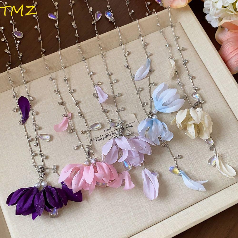 TMZ14968 สร้อยคอดอกไม้, ลูกปัด Y รูปร่างพู่จี้คอไหปลาร้าโซ่, คล้องคอเงินสร้อยคอคริสตัลระดับไฮเอนด์ทุ
