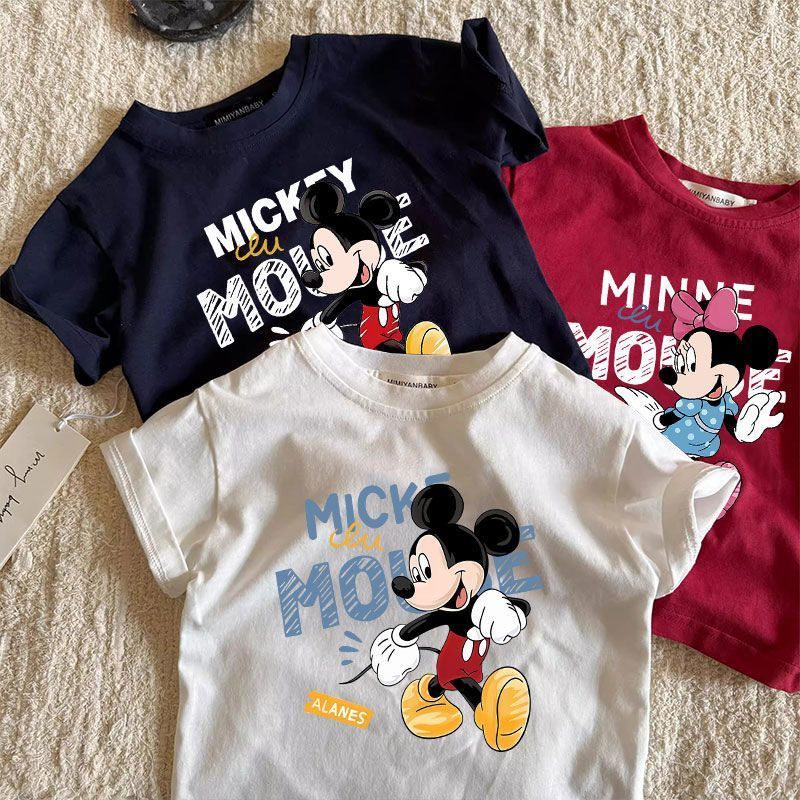 เสื้อยืด Mickey แขนสั้นสำหรับเด็ก พิมพ์ลายบนผ้าฝ้ายแท้ เหมาะสำหรับทั้งชายและหญิง