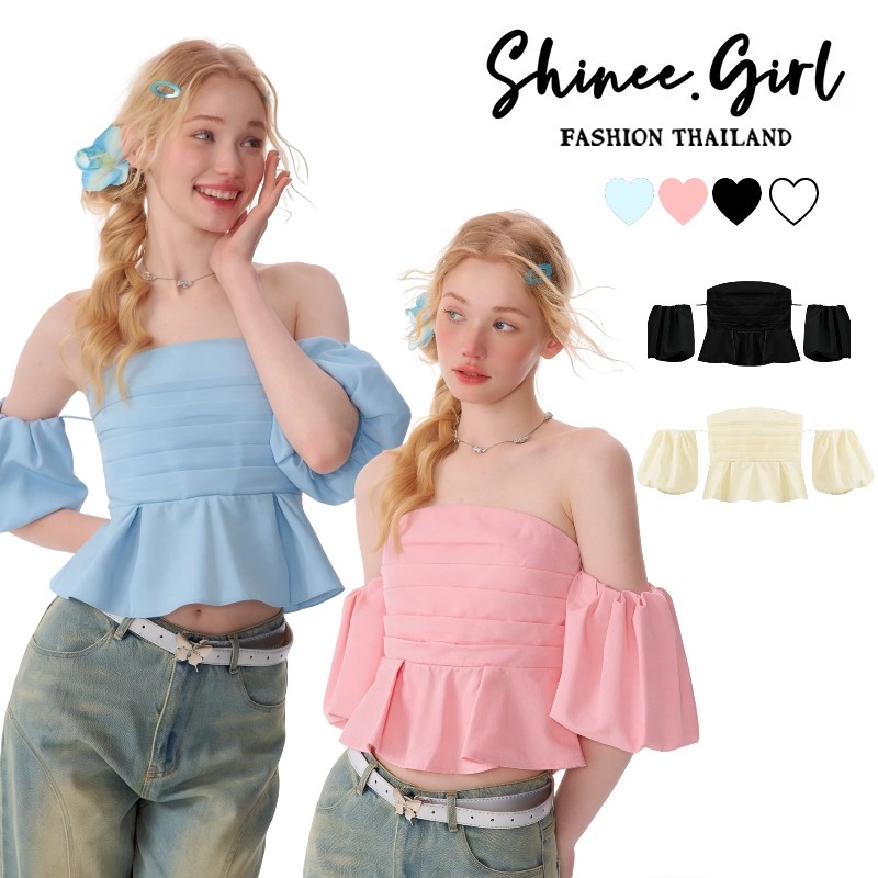 SHG พร้อมส่ง✨เสื้อเปิดไหล่✨ครอปแขนพอง ทรงสวยผอม ผ้าร่องยืดหยุ่น เรียบหรูดูแพง ชุดไปเที่ยวทะเล แมทช์ง่าย ใส่แล้วปัง