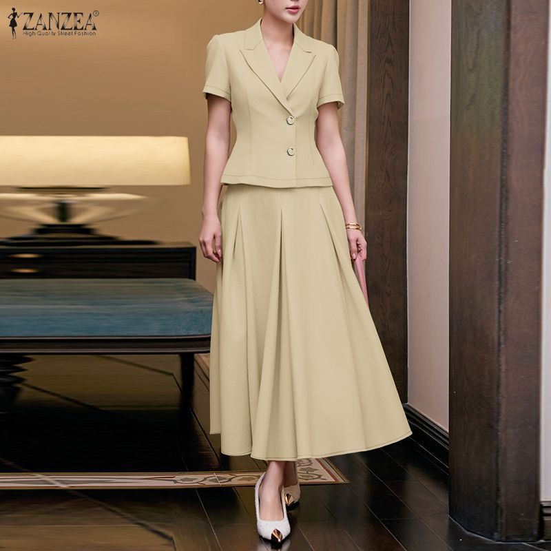 ZANZEA ชุดทำงานสำหรับผู้หญิงสไตล์เกาหลี ดีไซน์ notch lapel แขนสั้น แบบซิปเดียว pleats ทรง A-line — صورة 5