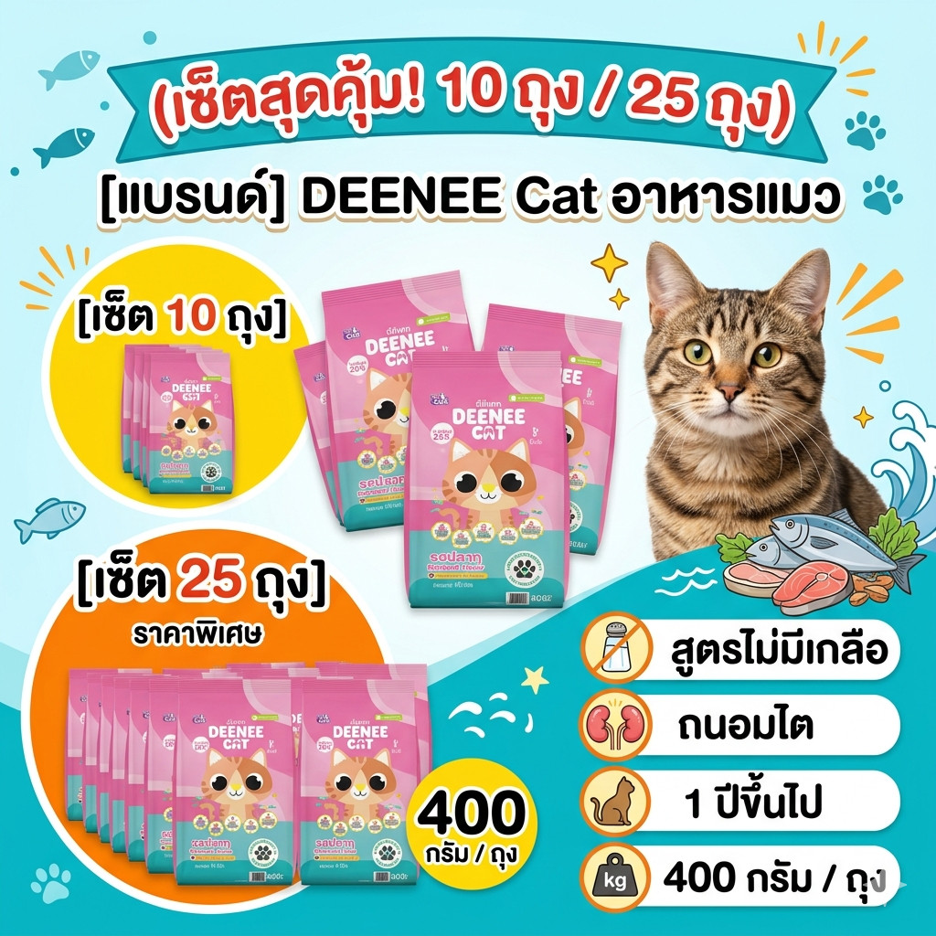 (10 ถุง /25 ถุง ) อาหารแมว ดีนี่แคท Deenee Cat โปรตีนสูง สูตรไม่มีเกลือ ถนอมไต รสปลาทู 400g แมวโต