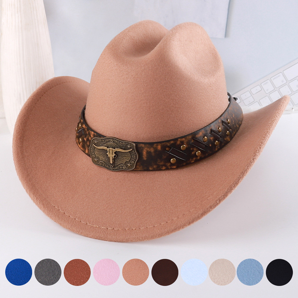 Cowboy hat accessory with leather strap, vintage round rivets, cow head hat, fashionable outfit acce