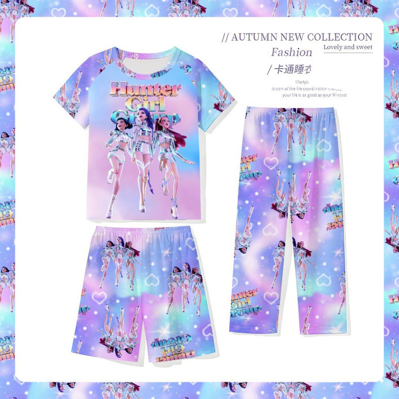 Rumi Zoey Mira ชุดนอนเด็กคอสเพลย์ชุดชุดนอนเด็กชุดนอน 3 ชิ้นฤดูร้อนแขนสั้นเสื้อผ้าชุดชุดนอน Pjs