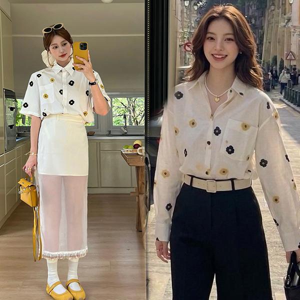 mimi&didi#เสื้อเชิ้ตแขนยาว สีโทนขาวละมุน เสื้อทรงคอปก ดีเทลลายดอกไม้เล็กสีดำเหลือง ช่วยเพิ่มความน่ารักแบบมีคลาส#W718/717