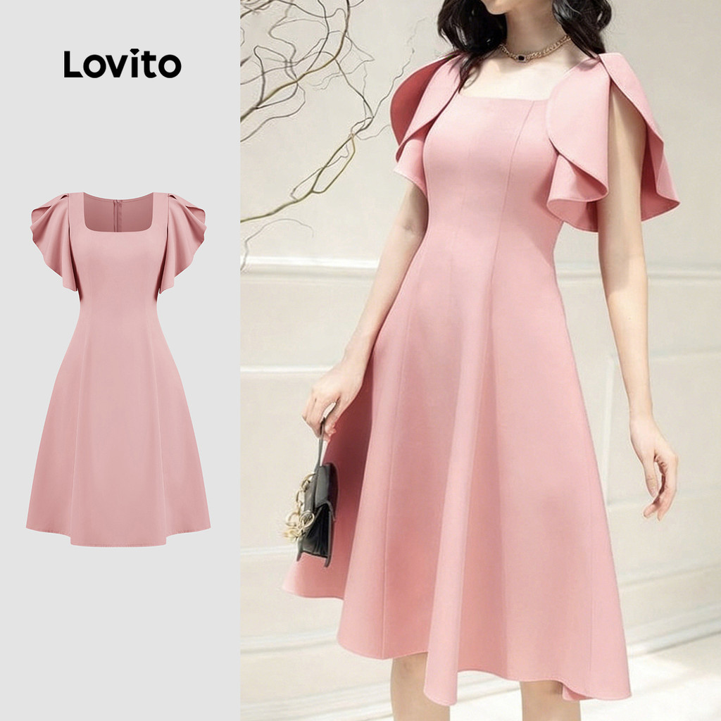Lovito เดรสผู้หญิงสีชมพูแต่งระบายและซิป ดีไซน์สวยสง่า.. L171AD1134