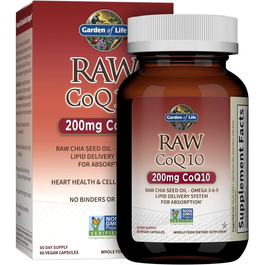 Garden of Life CoQ10 200mg, มังสวิรัติ Omega 3 6 9 plement Raw Co Q 10 Chia Seed Oil, โภชนาการทั้งพอร์ตสารต้านอนุมูลอิสระ, Coenzyme q10 plement for Heart Health, 60 แคปซูล