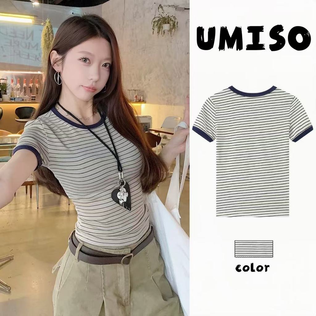 ส่งไวจากไทย เสื้อยืดผู้หญิง คอกลม ลายทาง หวานเซ็กซี่ ผ้ายืด ใส่สบาย ส่งจากไทย UMISO